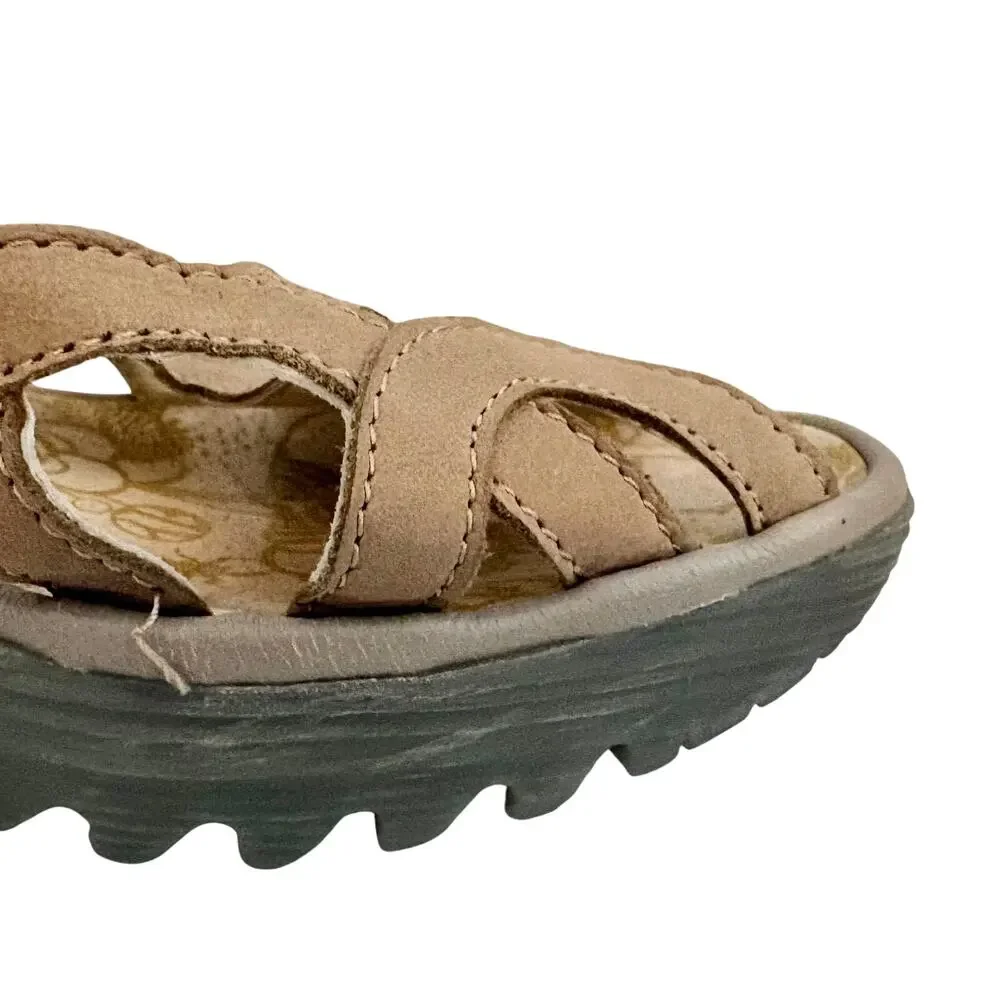 Fly London Yadi Taupe Leather Cutout Platform Wedge Sandals Peep Toe 39
